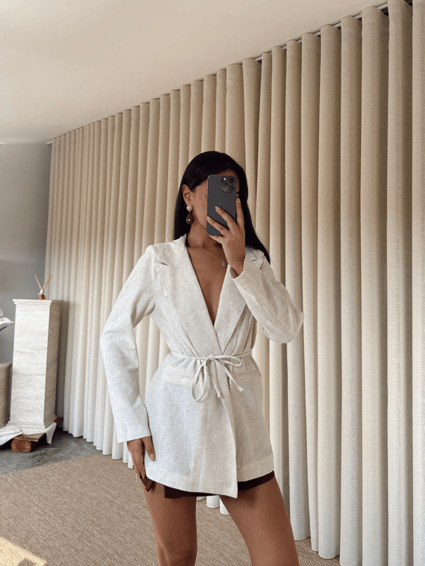Keten Bağlamalı Blazer Ceket - Ekru