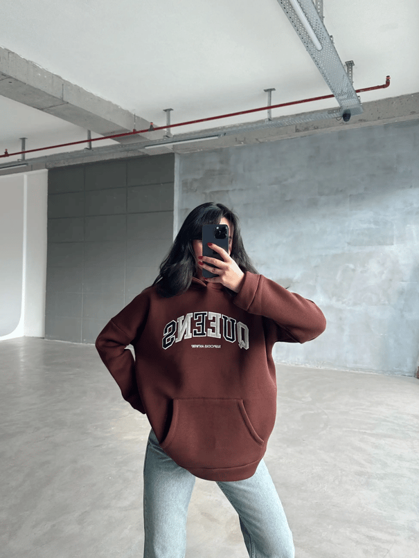 Queens Üç İplik Kapüşonlu Oversize Sweat Kahverengi - Kahverengi