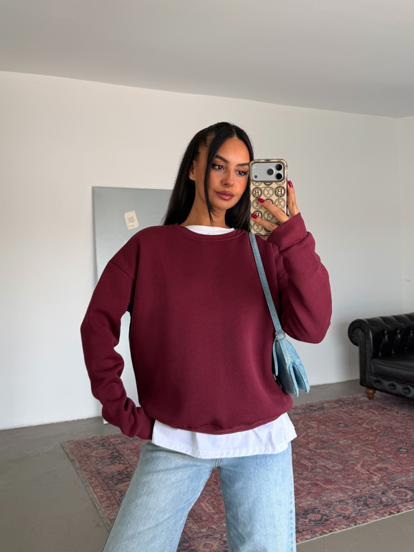 Düz Basic Sweatshırt - Bordo