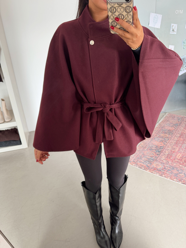 Kaşe Kuşaklı Pelerin Kaban - Bordo