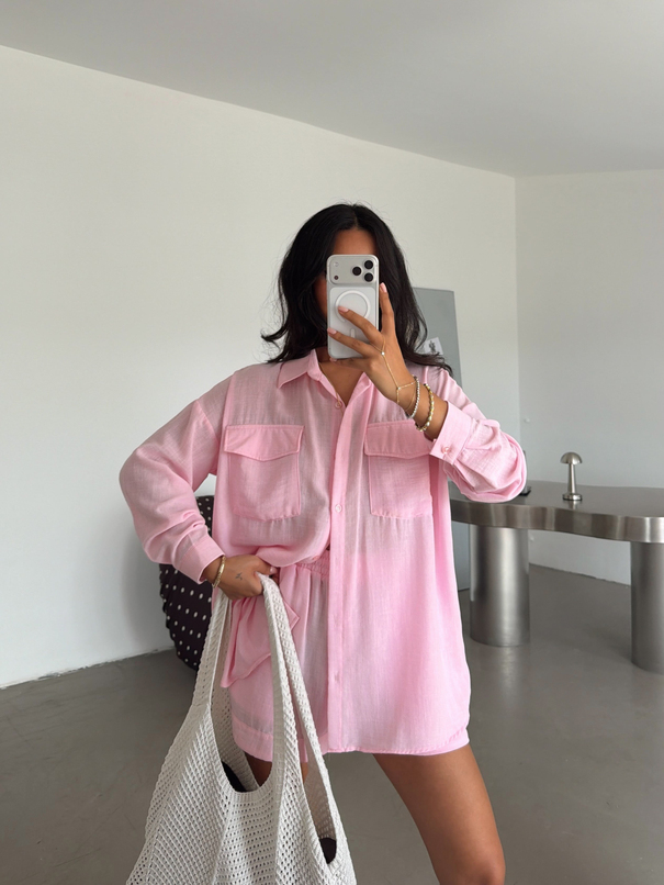 Oversize Şortlu Keten Takım - Pembe
