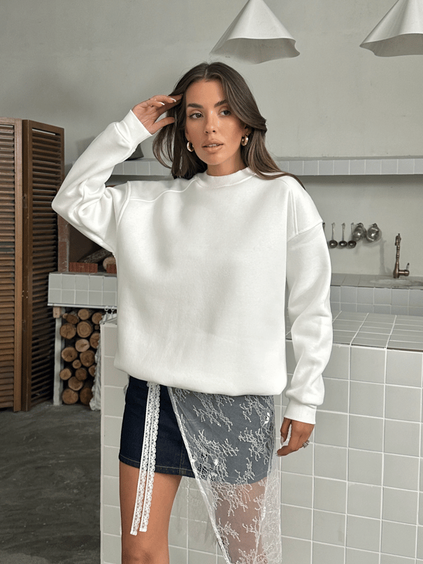 Bisiklet Yaka Ribanalı Sweat - Beyaz