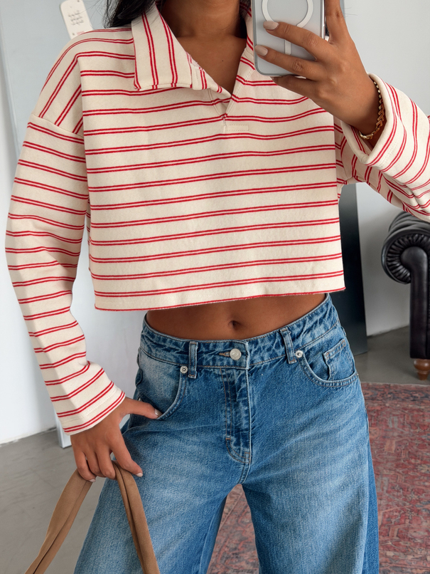 Polo Yaka Çizgili Crop Sweat - Kırmızı