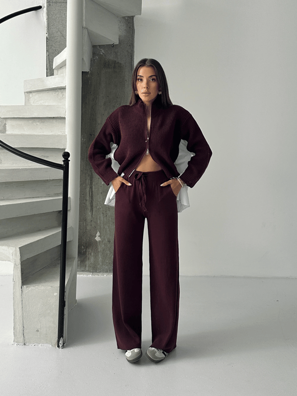 Poplin Fermuarlı Triko Takım - Mürdüm