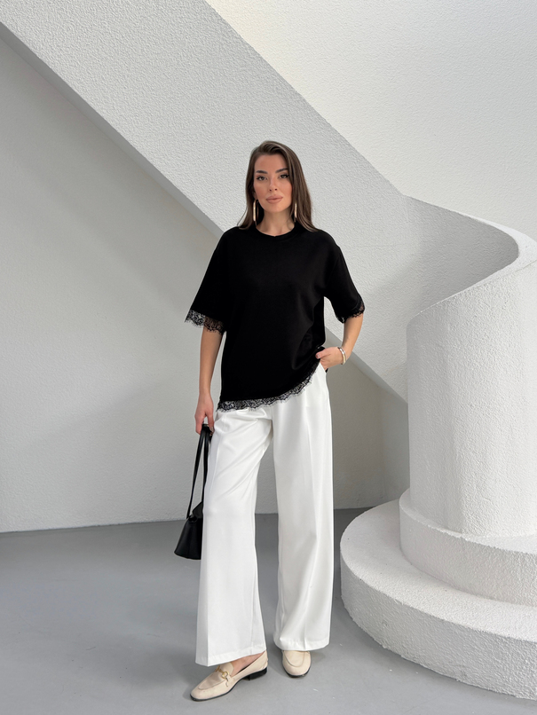Dantel Detay Basic Tshirt - Siyah