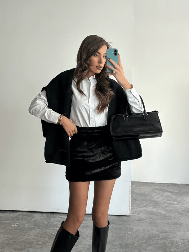 Peluş Mini Etek - Siyah