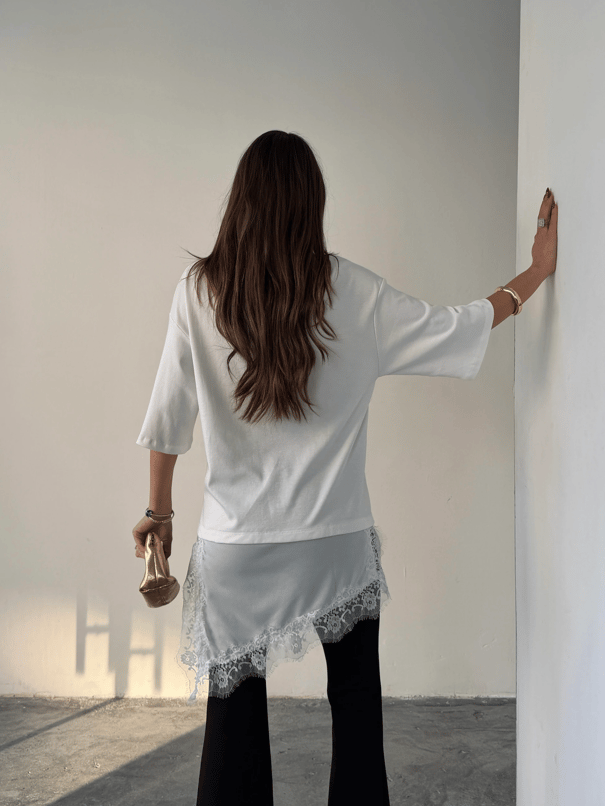 Dantel Detaylı Oversize Basic - Ekru