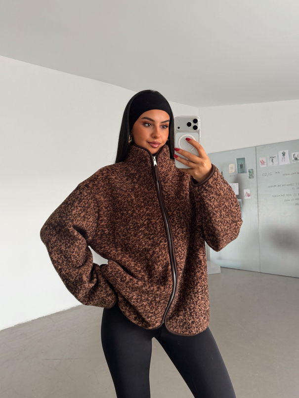 Fermuarlı Peluş Ceket - Kahve