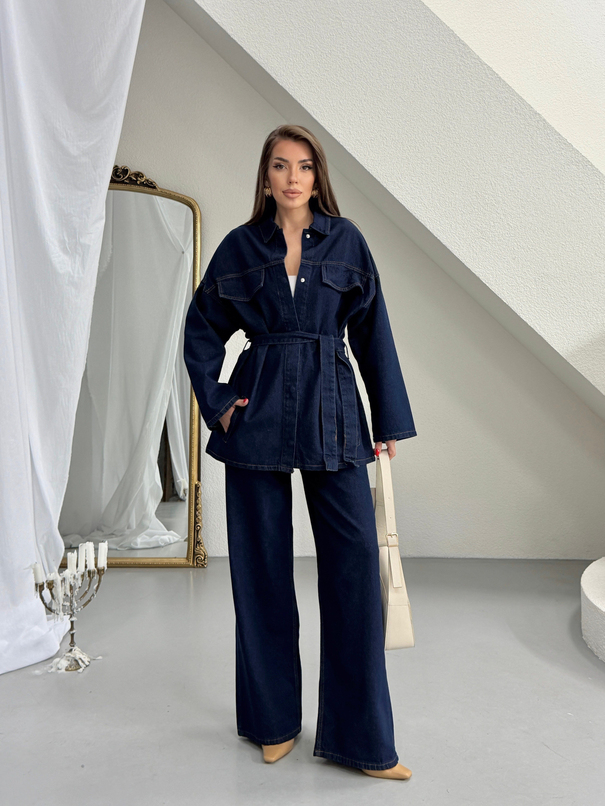Cep Detaylı Denim Takım - Lacivert