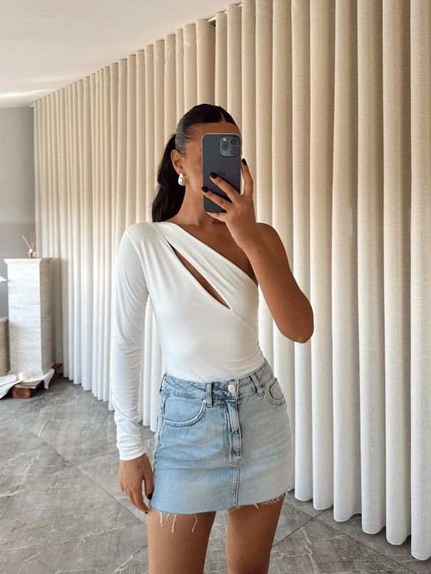 Sabrina Tek Kol Bodysuit Beyaz - Beyaz