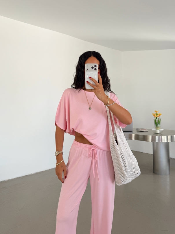 Bisiklet Yaka Salaş Takım - Pembe