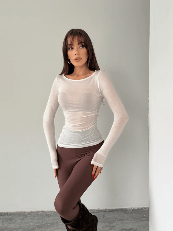 Yanı Büzgülü Transparan Bluz - Beyaz