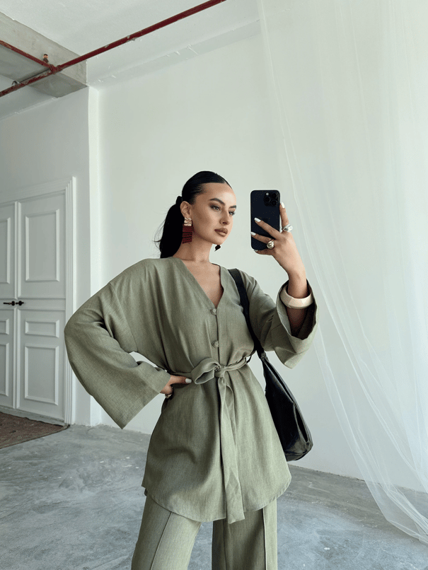 Düğme Detay Kuşaklı Kimono Takım - Haki Yeşil