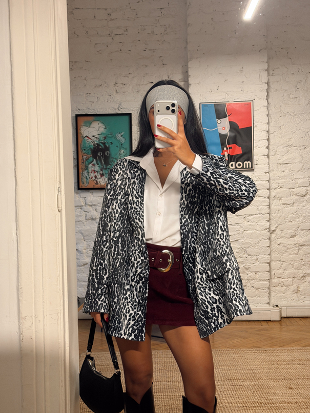 Leopar Desenli Saten Blazer Ceket - Lacivert