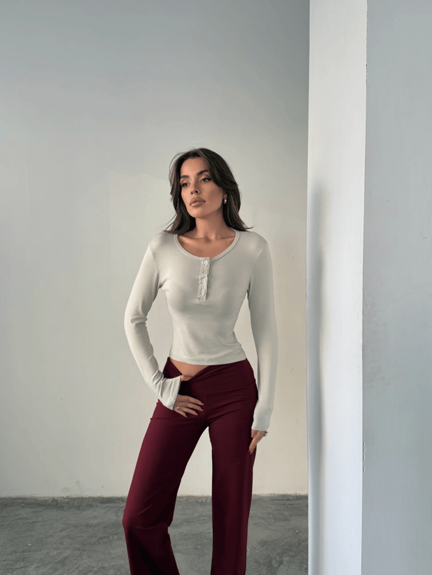 Yarım Düğmeli Bluz - Taş