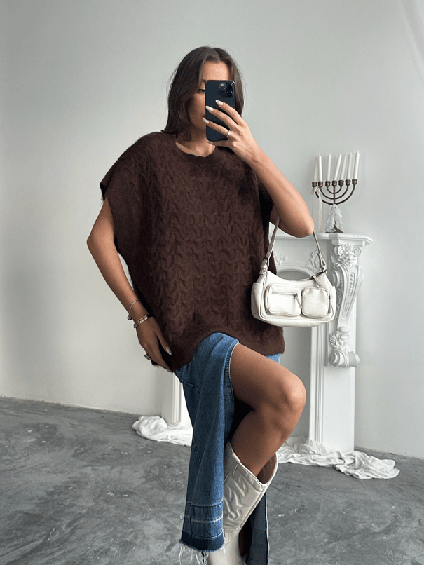 Saç Örgü Oversize Süveter - Kahve