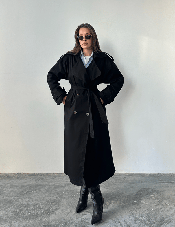 Kemerli Trençkot Siyah - Siyah