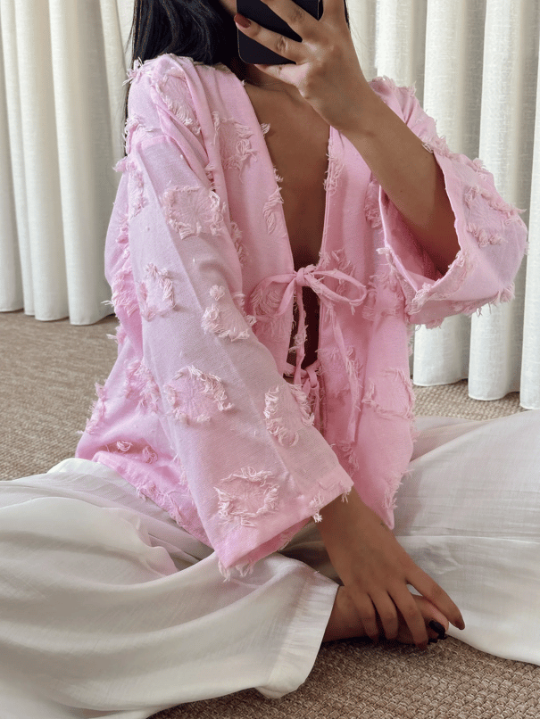 Püskül Detaylı Bağlamalı Kimono - Pembe