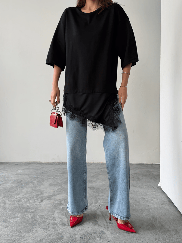 Dantel Detaylı Oversize Basic - Siyah