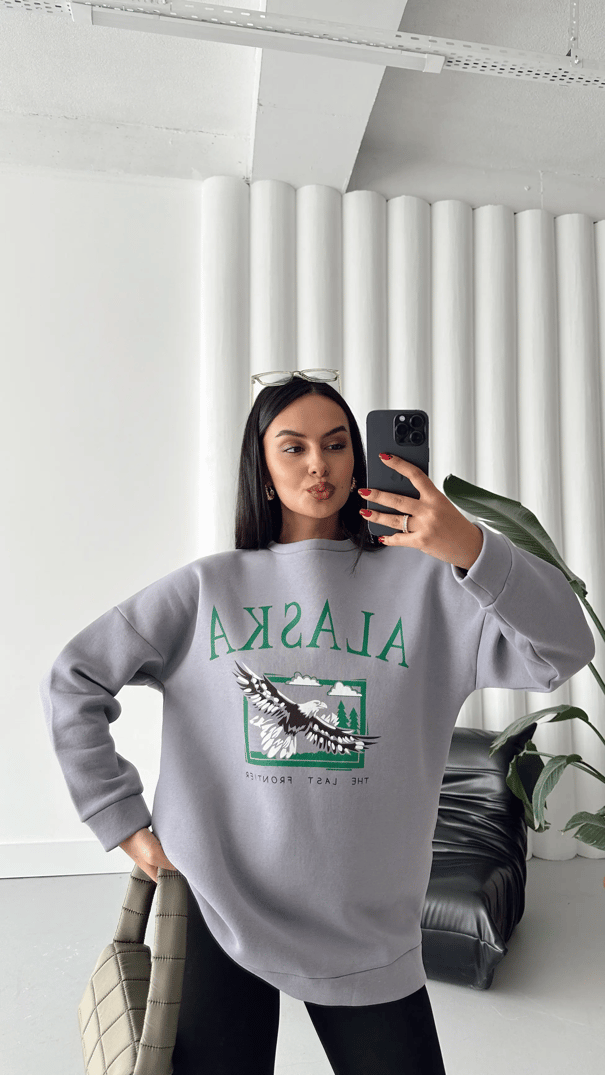 Alaska Üç İplik Şardonlu Oversize Sweat Gri - Gri