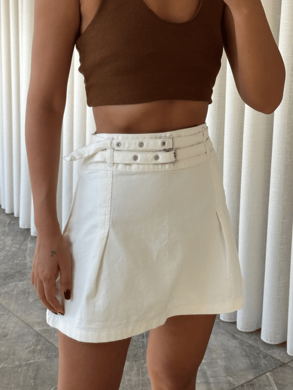 Pileli Denim Etek Krem - Krem