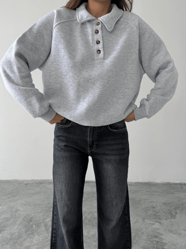 Polo Yaka Düğmeli Sweatshirt - Gri