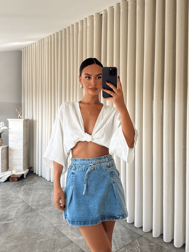 Pileli Denim Etek Mavi - Mavi