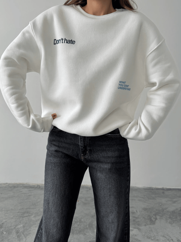 Bisiklet Yaka Baskılı Sweat - Beyaz