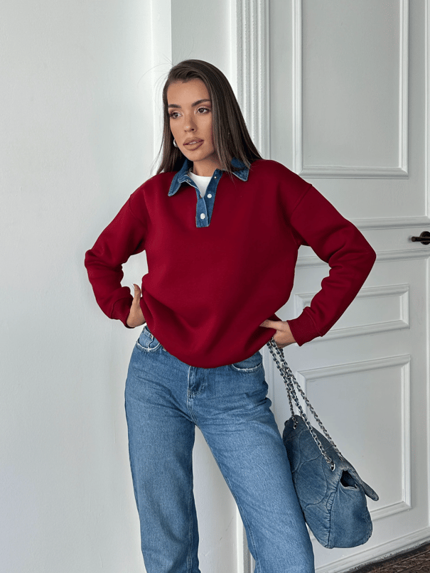Denim Yakalı Sweat - Bordo