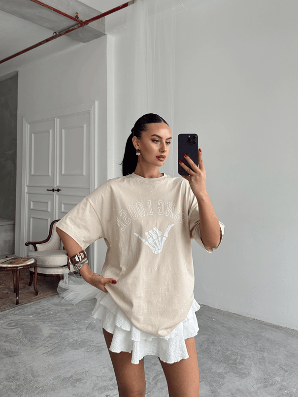 Hang Loose Baskılı Tshirt Bej - Bej
