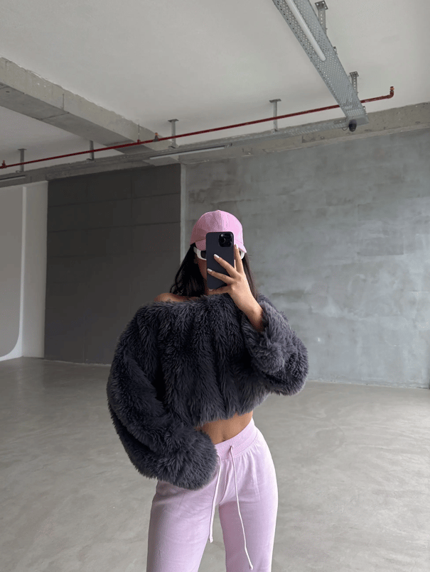 Peluş Crop Kazak Füme - Füme