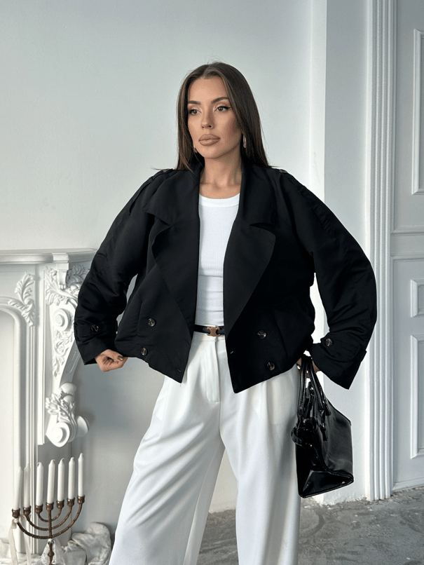 Dört Düğmeli Crop Trençkot - Siyah