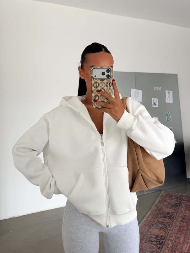 Fermuarlı Cepli Sweat - Beyaz
