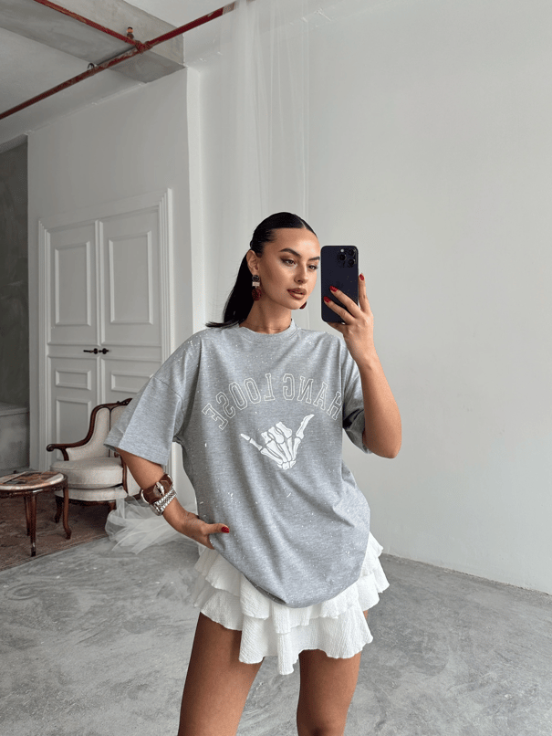 Hang Loose Baskılı Tshirt Gri - Gri