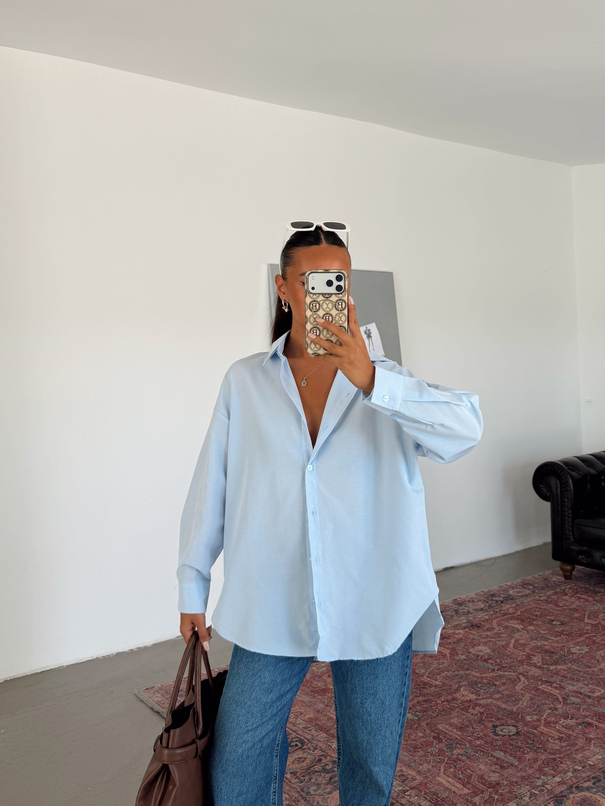 Sırtı Düğmeli Oversize Gömlek - Mavi