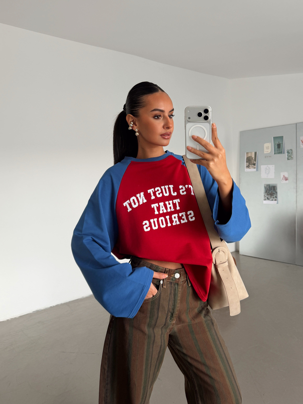 Baskılı Reglon Kol Sweatshırt - Bordo