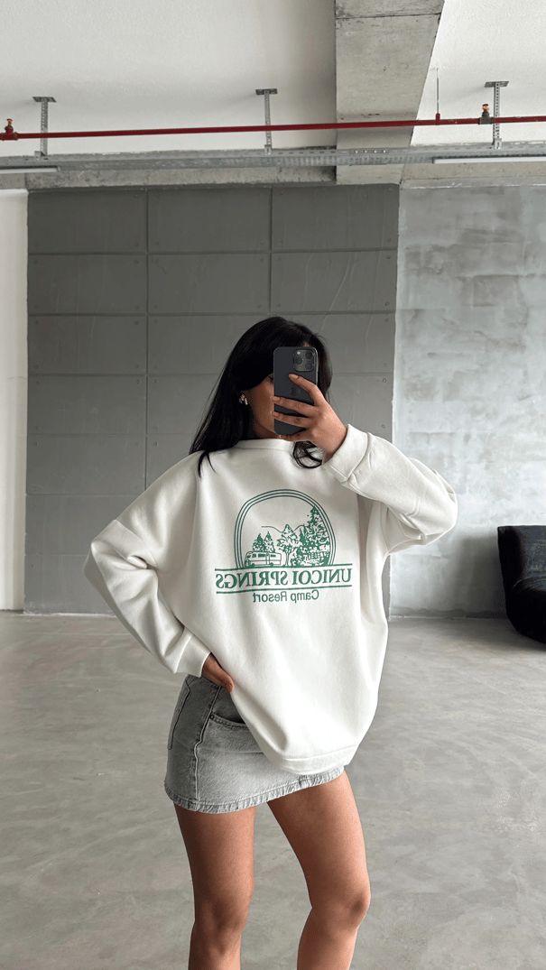 Unicoi Springs Üç İplik Oversize Sweat Beyaz - Beyaz