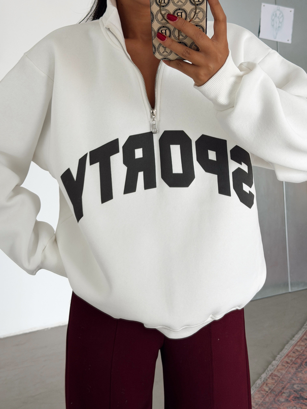 Sporty Yarım Fermuar Sweat - Ekru