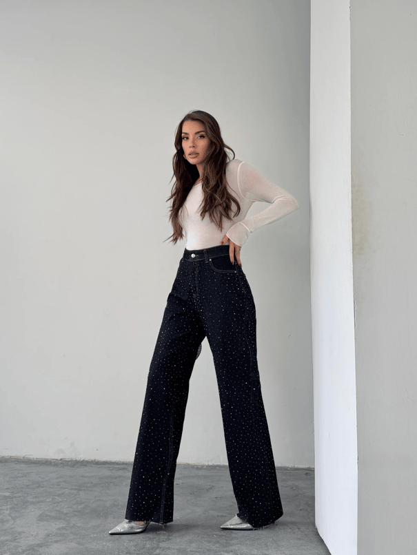 Premium Parlak Taş Detaylı Jean  - Lacivert