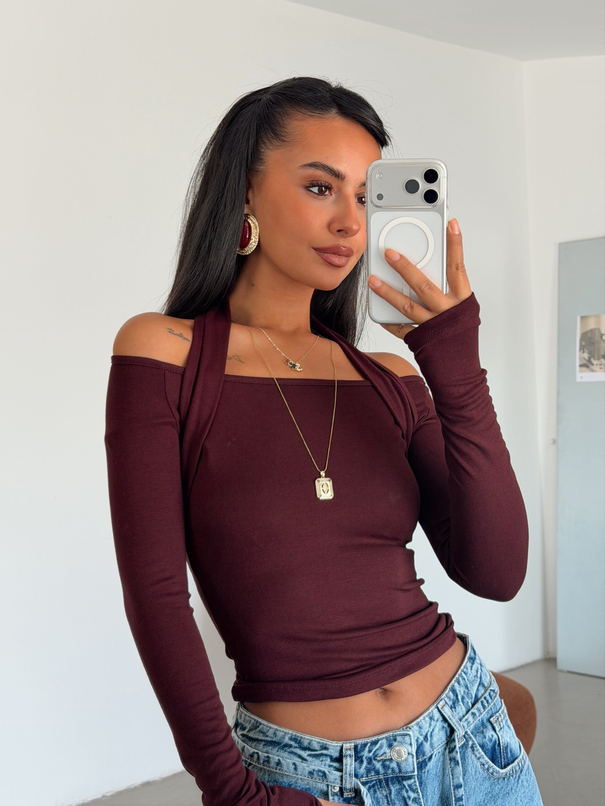 Geniş Yaka Boyun Detaylı Bluz - Bordo