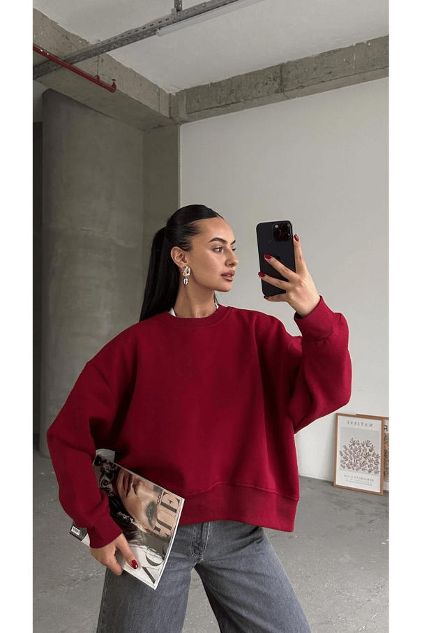 Sage Bisiklet Yaka Sweatshirt Bordo - Bordo