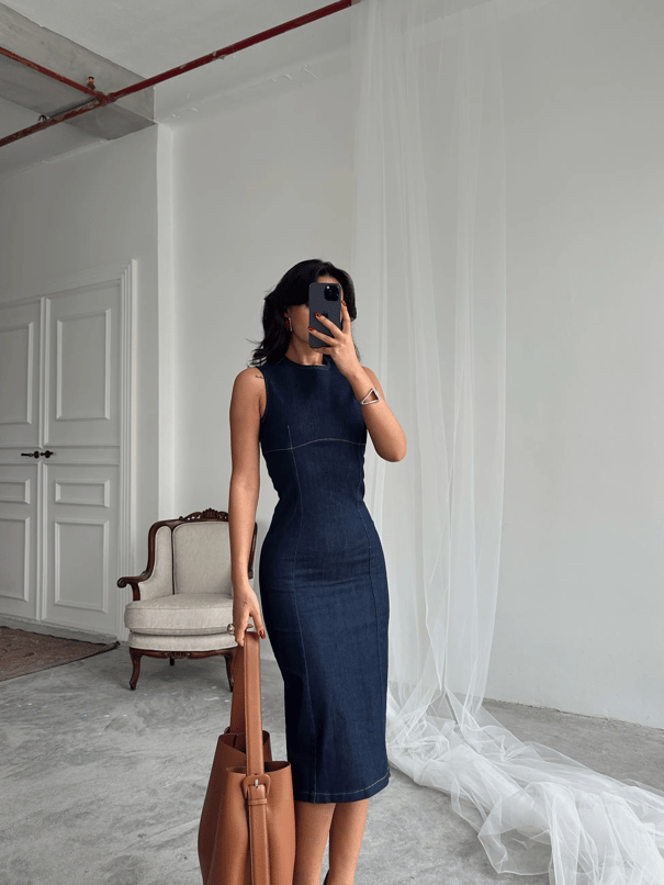 Sıfır Kol Denim Elbise - Lacivert