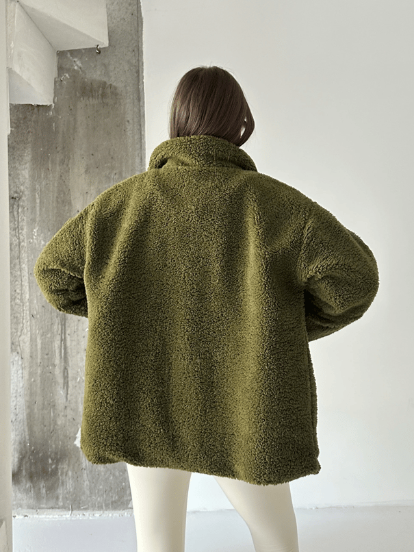 İç Astarlı Oversize Peluş Mont  - Haki Yeşil