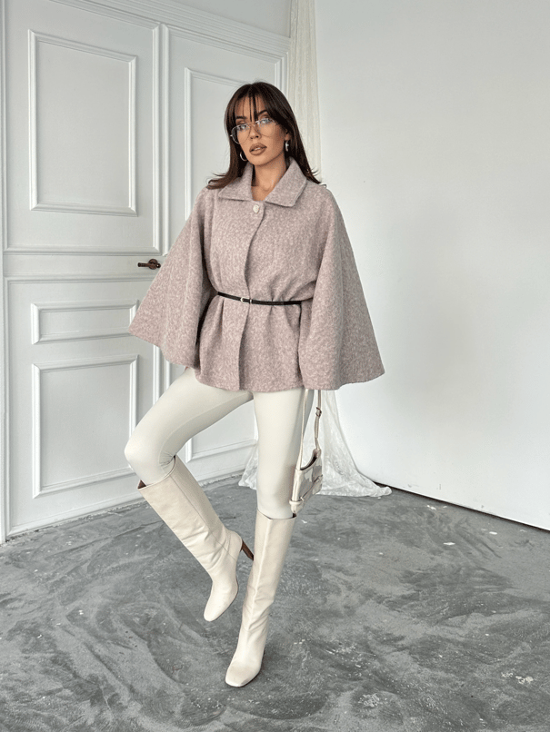 Kırçıllı Kaşe Panço  - Pudra Pembe