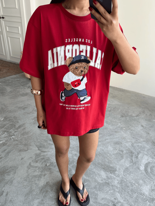 Oversize Bear Nakışlı T-shirt - Kırmızı