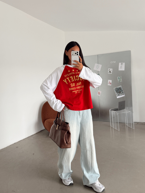 Society Baskılı Uzun Kol Basic Sweat - Kırmızı