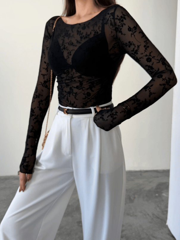 Flok Baskılı Basic Bluz - Siyah
