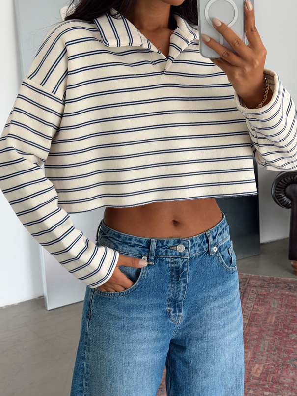 Polo Yaka Çizgili Crop Sweat - Mavi
