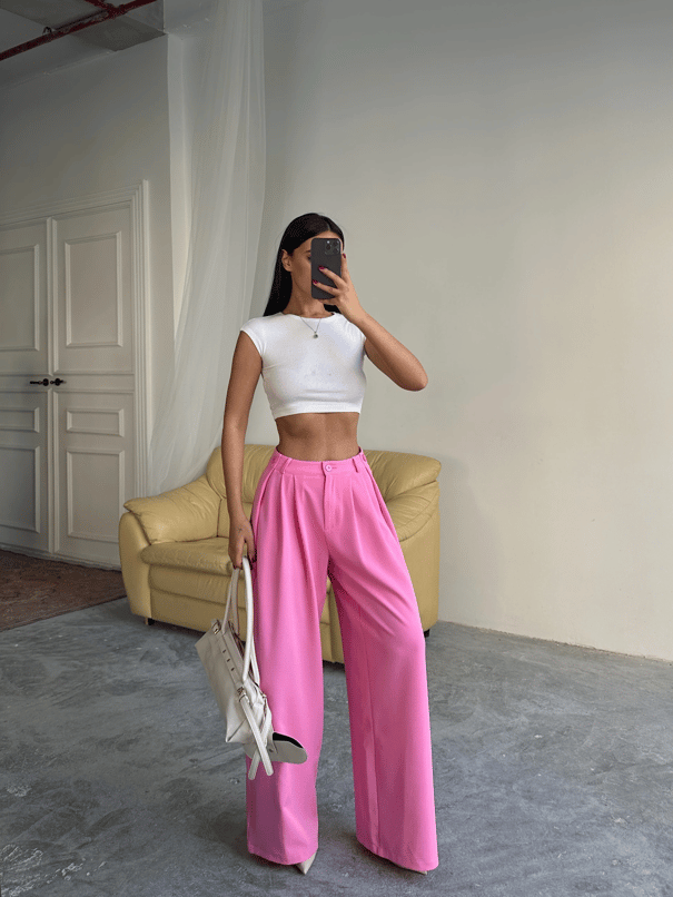 Yandan Katlama Düğme Detay Palazzo - Pembe