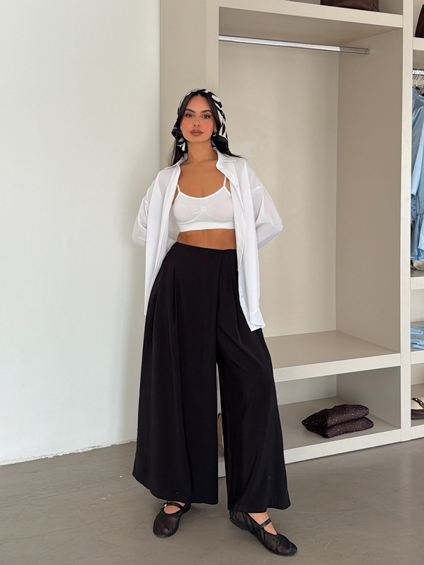 Etek Görünümlü Bol Paça Pantolon - Siyah